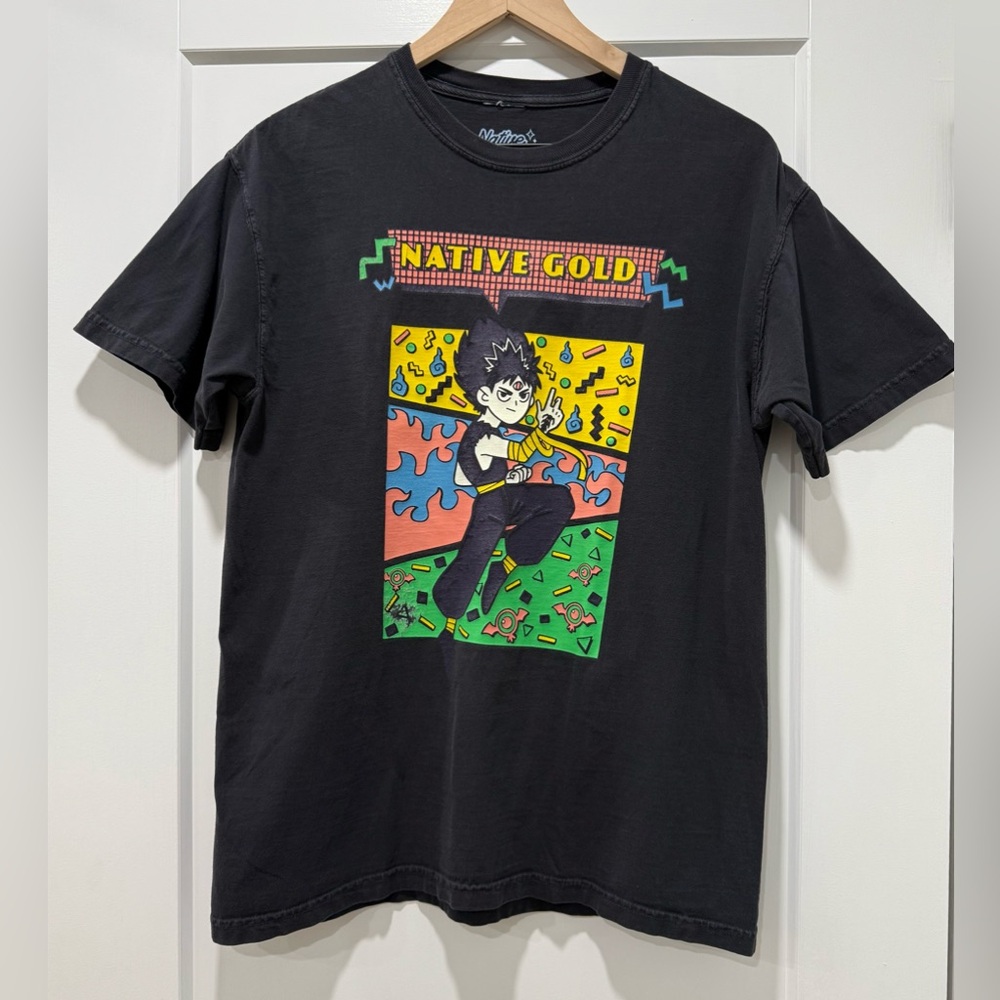 Native Gold Graphic T-Shirt Black Anime Streetwear Tee Size M